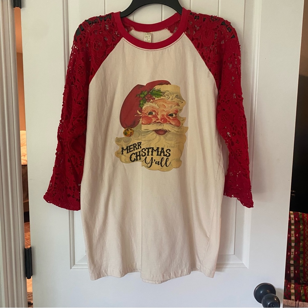 Luxor JLT women’s “Merry Christmas Y’all” raglan red lace sleeve tee